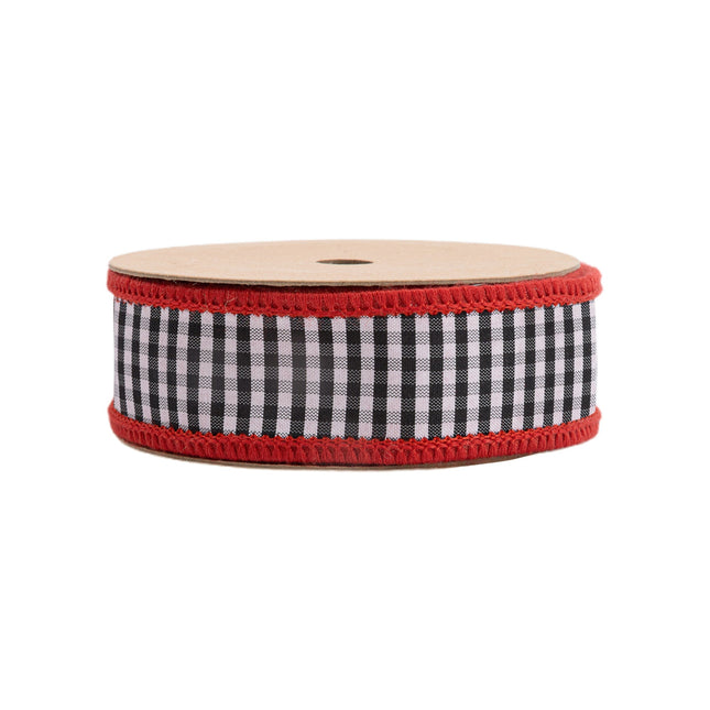 1" Wired Ribbon | Black/White Mini Check w/ Red Backing | 10 Yard Roll LaRibbons Wholesale