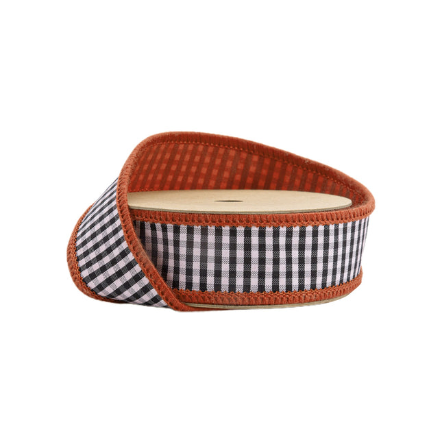 1" Wired Ribbon | Black/White Mini Check w/ Orange Backing | 10 Yard Roll - LaRibbons and Crafts