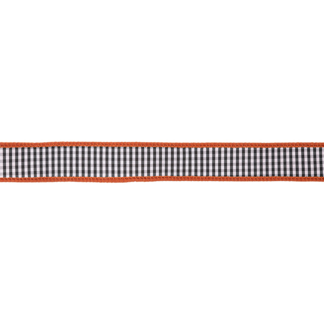 1" Wired Ribbon | Black/White Mini Check w/ Orange Backing | 10 Yard Roll