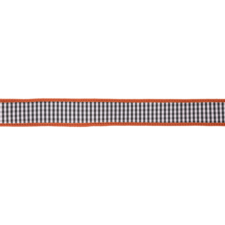 1" Wired Ribbon | Black/White Mini Check w/ Orange Backing | 10 Yard Roll