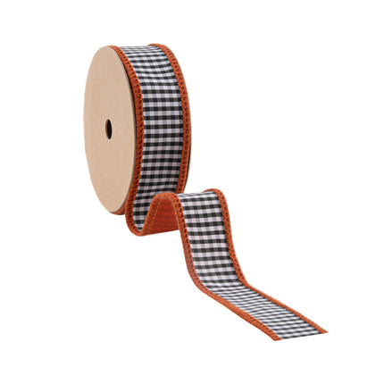 1" Wired Ribbon | Black/White Mini Check w/ Orange Backing | 10 Yard Roll - LaRibbons and Crafts