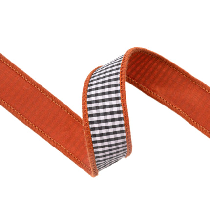 1" Wired Ribbon | Black/White Mini Check w/ Orange Backing | 10 Yard Roll - LaRibbons and Crafts
