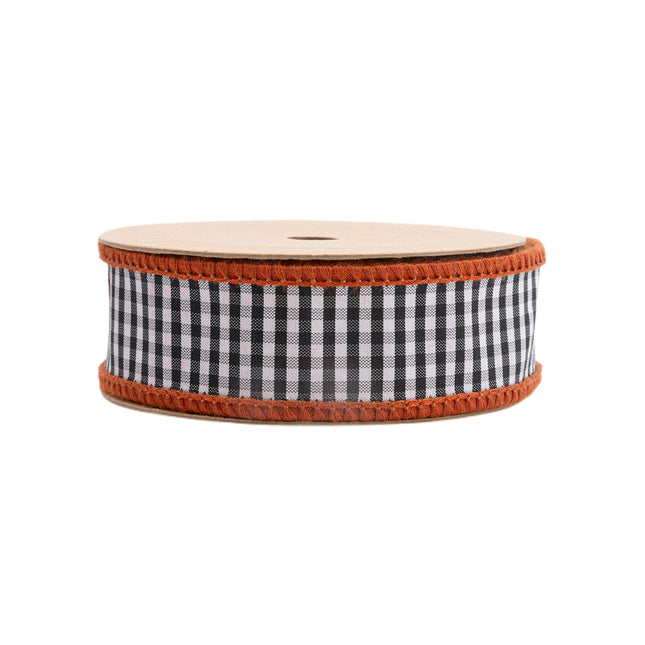 1" Wired Ribbon | Black/White Mini Check w/ Orange Backing | 10 Yard Roll - LaRibbons and Crafts
