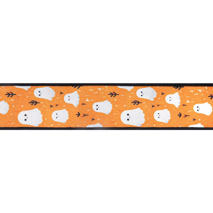 2 1/2" wired ghost print canvas ribbon with orange black checked backing, perfect for Halloween wreaths