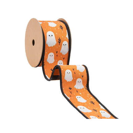 2 1/2" heavy wired canvas craft ribbon featuring friendly ghost motifs and orange black checked backing
