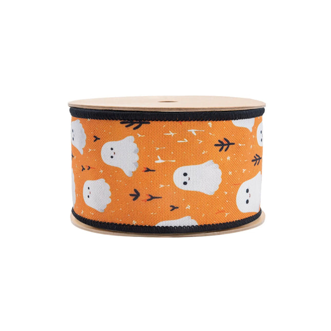 Orange ghost-patterned wired canvas ribbon roll with orange-black buffalo check reverse lining