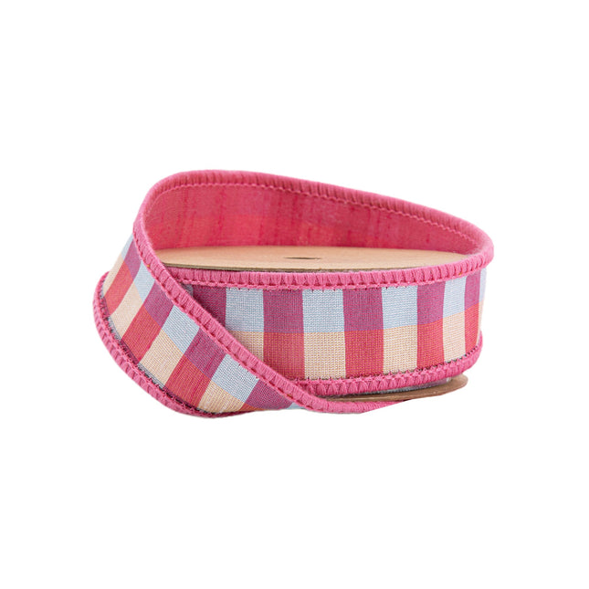 1" Wired Ribbon | Pink/Multi Small Check w/ Pink Dupioni-fused Backing | 10 Yard Roll LaRibbons Wholesale