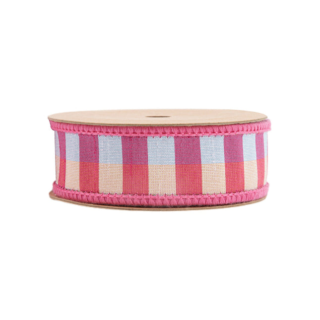 1" Wired Ribbon | Pink/Multi Small Check w/ Pink Dupioni-fused Backing | 10 Yard Roll LaRibbons Wholesale