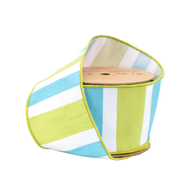 4" Wired Dupioni Ribbon | Green/White/Blue Large Horizontal Stripe w/ Green Backing | 10 Yard Roll LaRibbons and Crafts