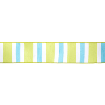 4" Wired Dupioni Ribbon | Green/White/Blue Large Horizontal Stripe w/ Green Backing | 10 Yard Roll LaRibbons and Crafts