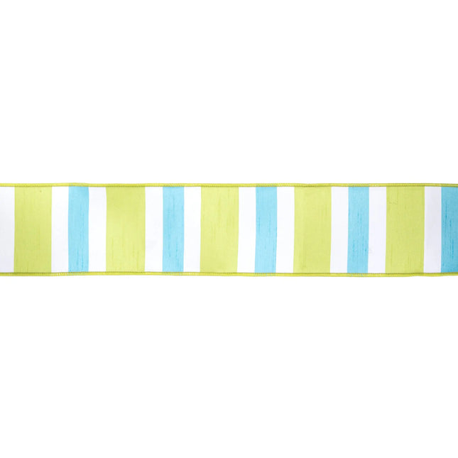 4" Wired Dupioni Ribbon | Green/White/Blue Large Horizontal Stripe w/ Green Backing | 10 Yard Roll LaRibbons and Crafts