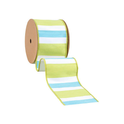 4" Wired Dupioni Ribbon | Green/White/Blue Large Horizontal Stripe w/ Green Backing | 10 Yard Roll LaRibbons and Crafts