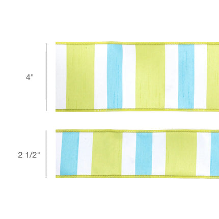 4" Wired Dupioni Ribbon | Green/White/Blue Large Horizontal Stripe w/ Green Backing | 10 Yard Roll LaRibbons and Crafts