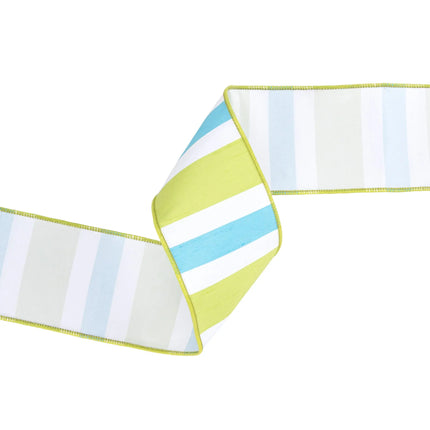 4" Wired Dupioni Ribbon | Green/White/Blue Large Horizontal Stripe w/ Green Backing | 10 Yard Roll LaRibbons and Crafts