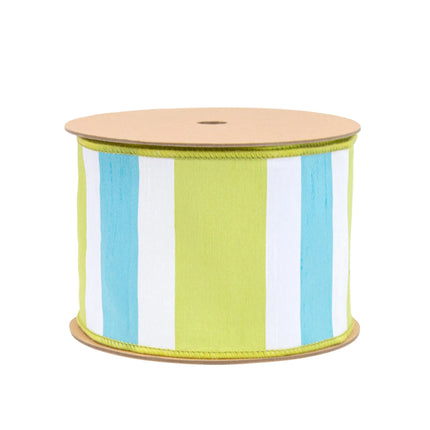 4" Wired Dupioni Ribbon | Green/White/Blue Large Horizontal Stripe w/ Green Backing | 10 Yard Roll LaRibbons and Crafts