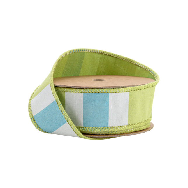 1 1/2" Wired Ribbon | Green/White/Blue Large Horizontal Stripe w/ Green Backing | 10 Yard Roll LaRibbons Wholesale