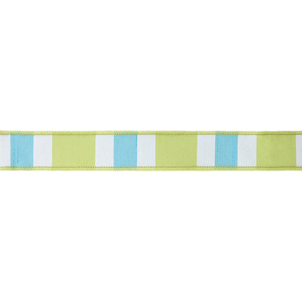 1 1/2" Wired Ribbon | Green/White/Blue Large Horizontal Stripe w/ Green Backing | 10 Yard Roll LaRibbons Wholesale
