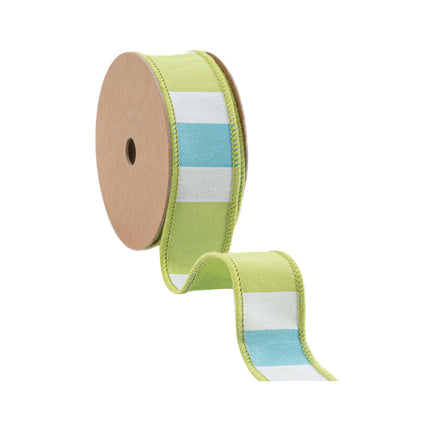 1 1/2" Wired Ribbon | Green/White/Blue Large Horizontal Stripe w/ Green Backing | 10 Yard Roll LaRibbons Wholesale