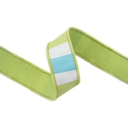 1 1/2" Wired Ribbon | Green/White/Blue Large Horizontal Stripe w/ Green Backing | 10 Yard Roll LaRibbons Wholesale