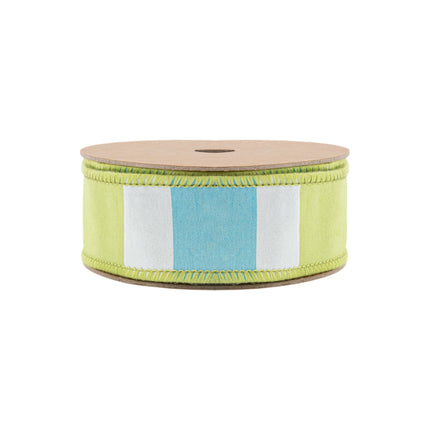 1 1/2" Wired Ribbon | Green/White/Blue Large Horizontal Stripe w/ Green Backing | 10 Yard Roll LaRibbons Wholesale
