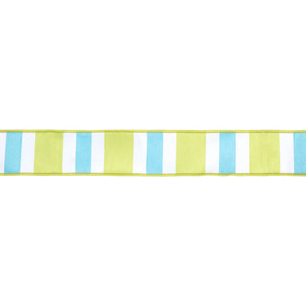 2 1/2" Wired Dupioni Ribbon | Green/White/Blue Large Horizontal Stripe w/ Green Backing | 10 Yard Roll LaRibbons and Crafts