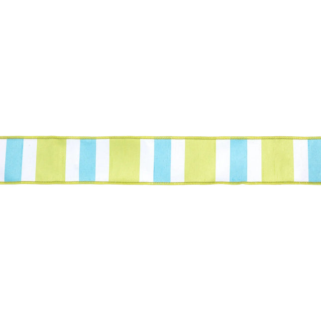 2 1/2" Wired Dupioni Ribbon | Green/White/Blue Large Horizontal Stripe w/ Green Backing | 10 Yard Roll LaRibbons and Crafts