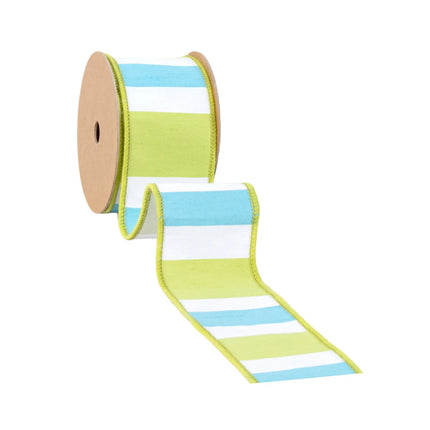 2 1/2" Wired Dupioni Ribbon | Green/White/Blue Large Horizontal Stripe w/ Green Backing | 10 Yard Roll LaRibbons and Crafts