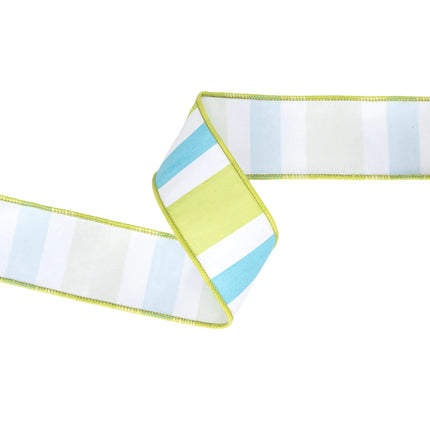 2 1/2" Wired Dupioni Ribbon | Green/White/Blue Large Horizontal Stripe w/ Green Backing | 10 Yard Roll LaRibbons and Crafts