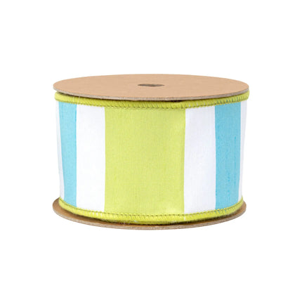 2 1/2" Wired Dupioni Ribbon | Green/White/Blue Large Horizontal Stripe w/ Green Backing | 10 Yard Roll LaRibbons and Crafts
