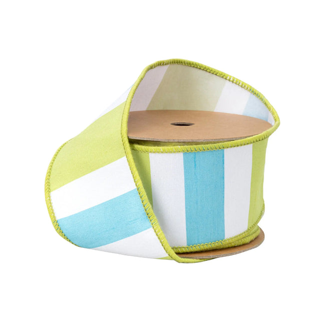 2 1/2" Wired Dupioni Ribbon | Green/White/Blue Large Horizontal Stripe w/ Green Backing | 10 Yard Roll LaRibbons and Crafts
