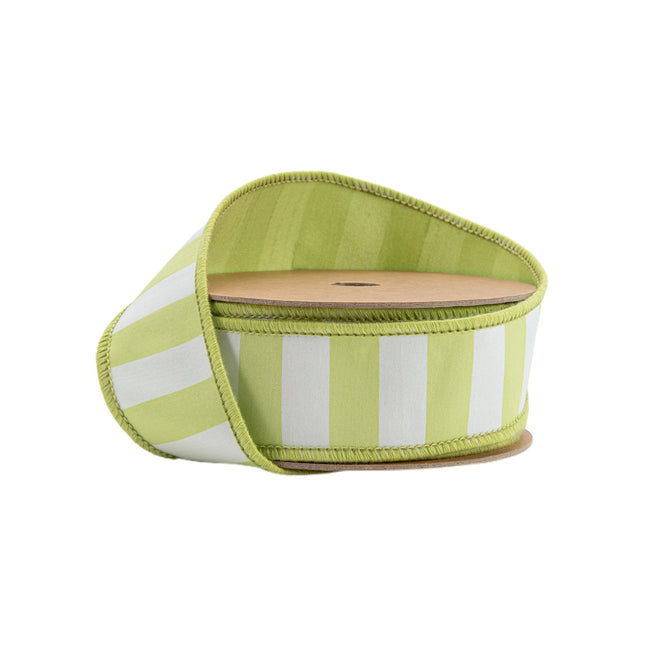 1 1/2" Wired Ribbon | Green/White Medium Horizontal Stripe w/ Green Backing | 10 Yard Roll LaRibbons Wholesale