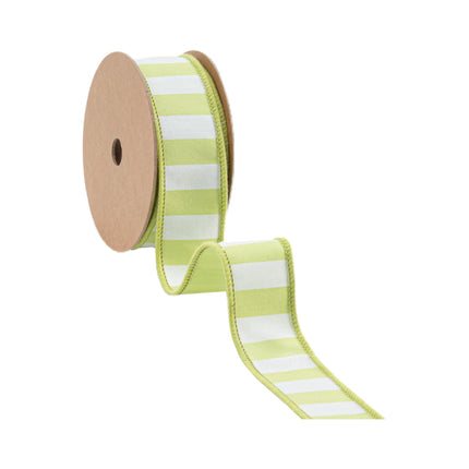 1 1/2" Wired Ribbon | Green/White Medium Horizontal Stripe w/ Green Backing | 10 Yard Roll LaRibbons Wholesale