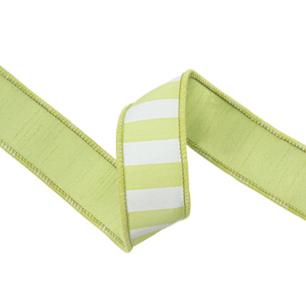 1 1/2" Wired Ribbon | Green/White Medium Horizontal Stripe w/ Green Backing | 10 Yard Roll LaRibbons Wholesale