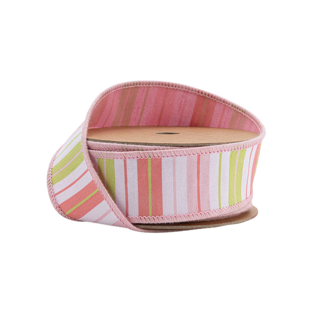 1 1/2" Wired Ribbon | Pink/Green/White Stripes w/ Pink Backing | 10 Yard Roll LaRibbons Wholesale