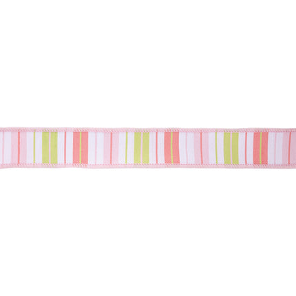 1 1/2" Wired Ribbon | Pink/Green/White Stripes w/ Pink Backing | 10 Yard Roll LaRibbons Wholesale
