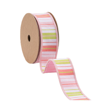 1 1/2" Wired Ribbon | Pink/Green/White Stripes w/ Pink Backing | 10 Yard Roll LaRibbons Wholesale
