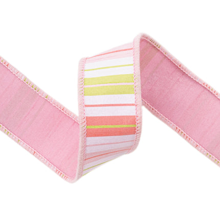 1 1/2" Wired Ribbon | Pink/Green/White Stripes w/ Pink Backing | 10 Yard Roll LaRibbons Wholesale