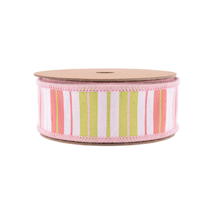 1 1/2" Wired Ribbon | Pink/Green/White Stripes w/ Pink Backing | 10 Yard Roll LaRibbons Wholesale