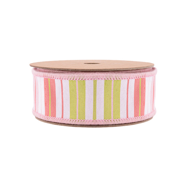 1 1/2" Wired Ribbon | Pink/Green/White Stripes w/ Pink Backing | 10 Yard Roll LaRibbons Wholesale
