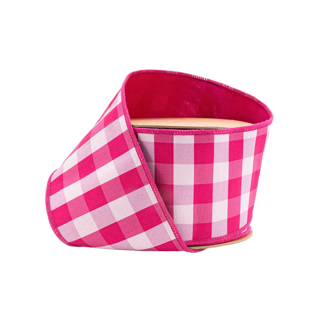 4" wired pink and white medium check ribbon with solid pink backing, ideal for wreaths and party decor