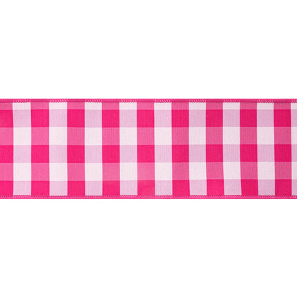 Pink/white gingham wired ribbon, 4-inch width, featuring classic check pattern and vibrant pink reverse