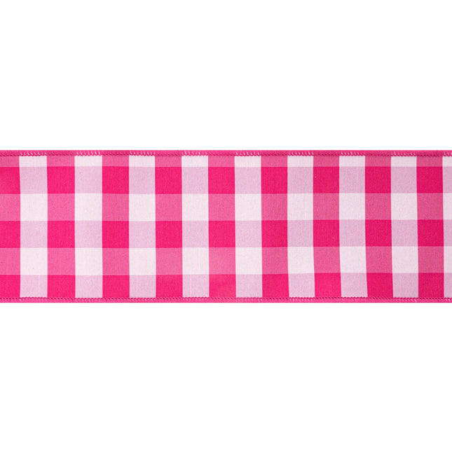 Pink/white gingham wired ribbon, 4-inch width, featuring classic check pattern and vibrant pink reverse