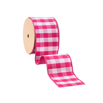 4" checkered wired ribbon, pink and white plaid design with pink backing for crafts and gift wrapping