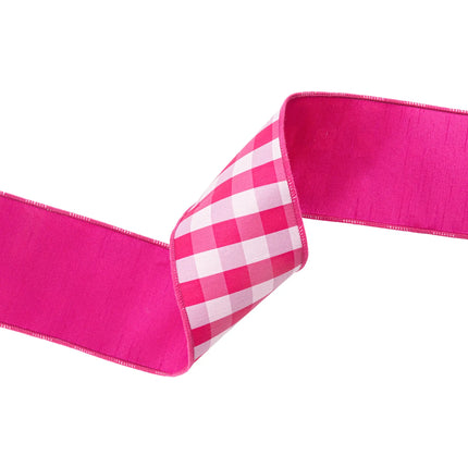 Medium check pink and white wired ribbon, 4" width, durable wired edge for shaping bows and decor