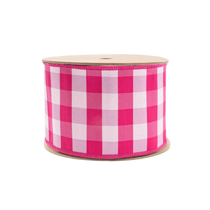 Pink-backed 4-inch gingham wired ribbon, bright pink and white plaid for spring and summer decorations