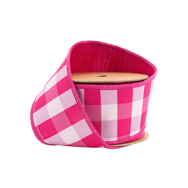 2 1/2" wired pink and white medium check ribbon with solid pink backing, perfect for wreaths and party decor