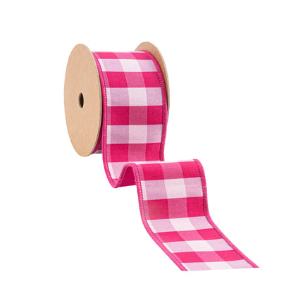 2 1/2-inch checkered wired ribbon, bright pink and white medium check with pink backing for crafts and gift wrapping