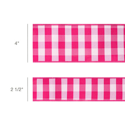 Pink and white medium check wired ribbon in two widths (4" and 2 1/2"), bright plaid pattern for gift decor.