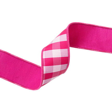 Medium check pink and white wired ribbon, 2 1/2" width, durable wired edge for shaping bows 