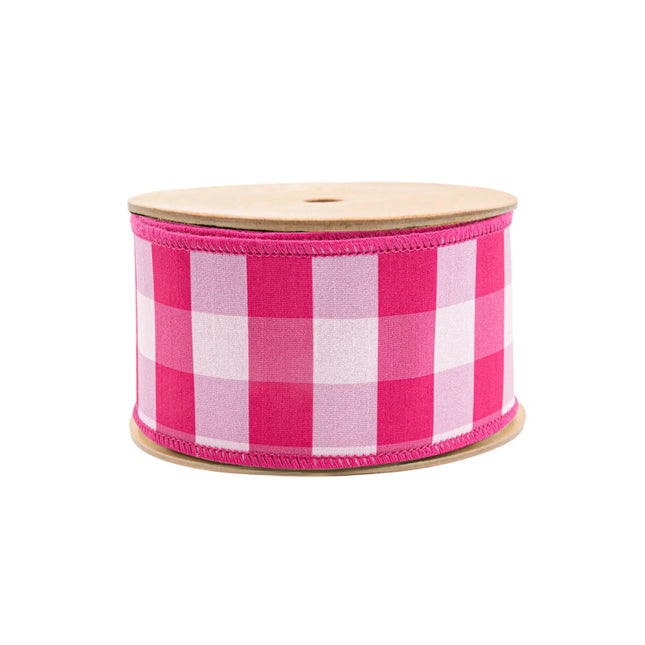 Pink and white gingham wired ribbon, 2.5-inch width, featuring classic plaid pattern and vibrant pink reverse side